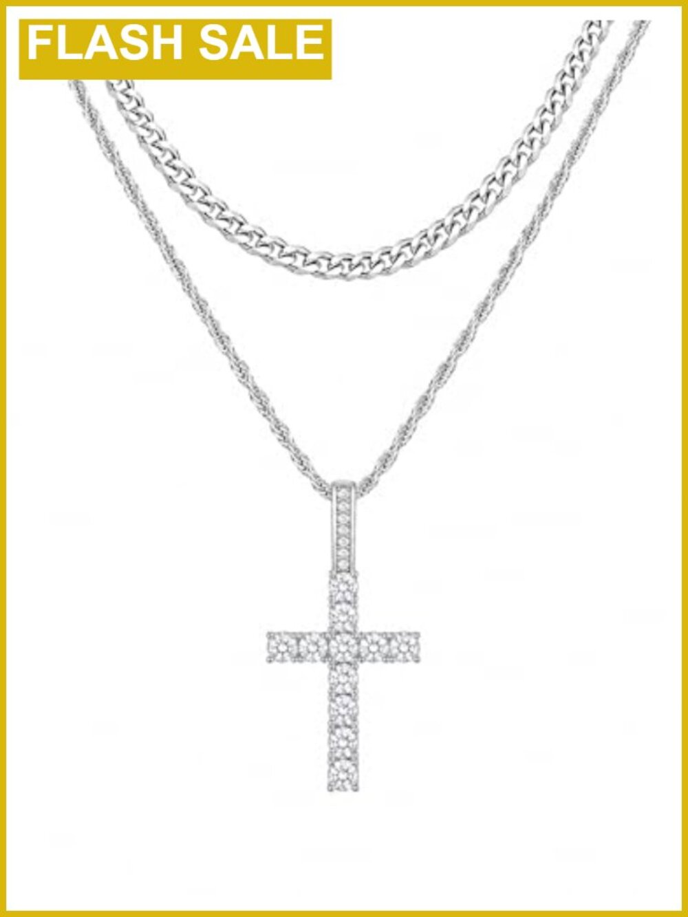 Mens Stainless Steel Cross Necklace Cubic Zirconia Layered Cuban Chain